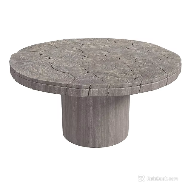 Round Wooden Dining Table With Unique Textured Top And Cylindrical Base 3d model