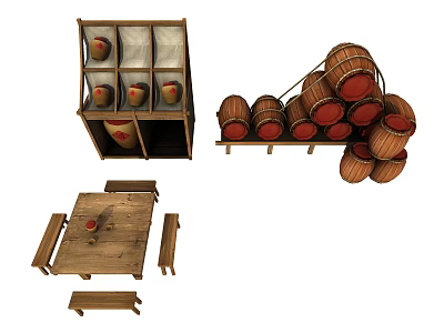 Wooden Barrels Stacked With Crate Holding Apples Wooden Table And Benches 3d model