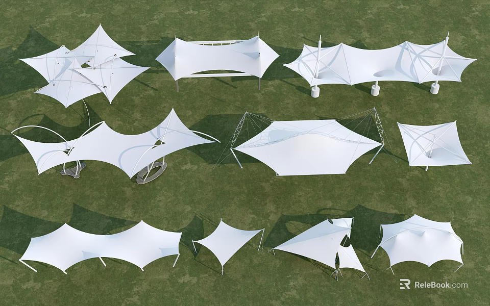Various Outdoor Tensile Membrane Structures With Different Designs On Green Grass 3d model