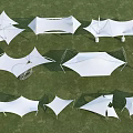 Various Outdoor Tensile Membrane Structures With Different Designs On Green Grass 3d model