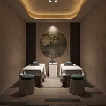 Traditional Chinese Clubhouse Interior With Calligraphy Sign Wooden Tables And Warm Lighting