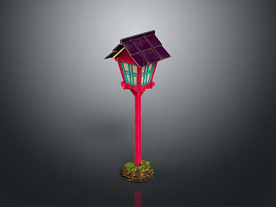 Traditional Japanese Lantern Design With Purple Roof Green Pane Windows And Red Pole 3d model