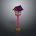 Traditional Japanese Lantern Design With Purple Roof Green Pane Windows And Red Pole