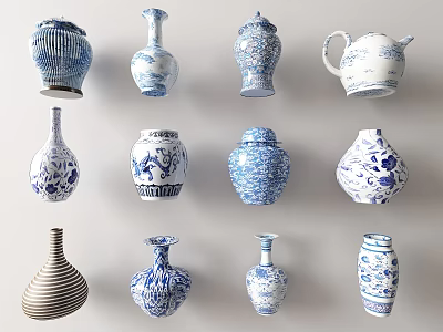 Collection of Blue and White Ceramic Vessels with Traditional Patterns and Various Shapes 3d model