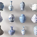 Collection of Blue and White Ceramic Vessels with Traditional Patterns and Various Shapes