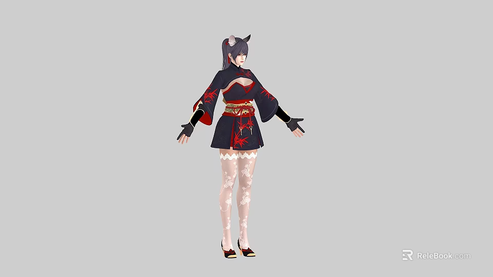 Woman In Red Kimono Style Outfit With Cat Ears Ponytail White Lace Stockings High Heels 3d model 