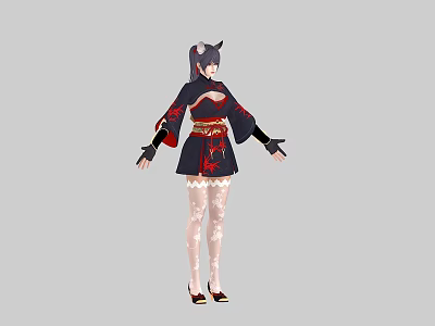 Woman In Red Kimono Style Outfit With Cat Ears Ponytail White Lace Stockings High Heels 3d model