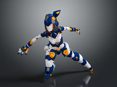 Futuristic Anthropomorphic Mech Character With Blue Orange Armor In Dynamic Combat Pose 3d model