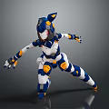 Futuristic Anthropomorphic Mech Character With Blue Orange Armor In Dynamic Combat Pose
