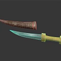 Traditional Decorative Knife With Ornate Carved Sheath Metal Blade And Yellow Handle Design