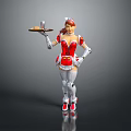 Robot Maid Character in Red White Outfit Holding Tray With Cup Dessert And Mechanical Arms