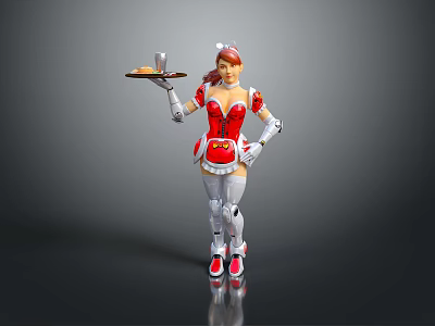 Robot Maid Character in Red White Outfit Holding Tray With Cup Dessert And Mechanical Arms 3d model