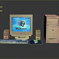 Vintage Desktop Computer System with Monitor Keyboard Mouse and Speakers Running Windows 95 Interface