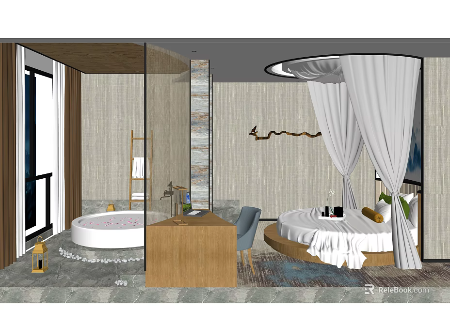 Hotel Room Interior With Round Bed White Canopy Bathtub And Wooden Vanity 3d model 
