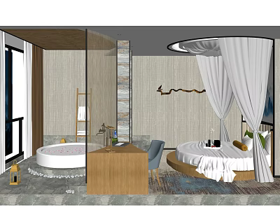 Hotel Room Interior With Round Bed White Canopy Bathtub And Wooden Vanity 3d model