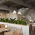 Modern Café With Open Bar Counter Wooden Seats Large Windows Green Plants And Gray Tones