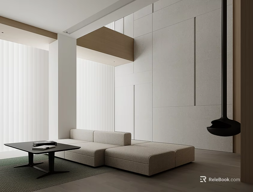 Minimalist Living Room Interior With L-shaped Sofa Black Coffee Table White Curtains And Pendant Light 3d model 