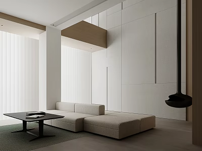Minimalist Living Room Interior With L-shaped Sofa Black Coffee Table White Curtains And Pendant Light 3d model