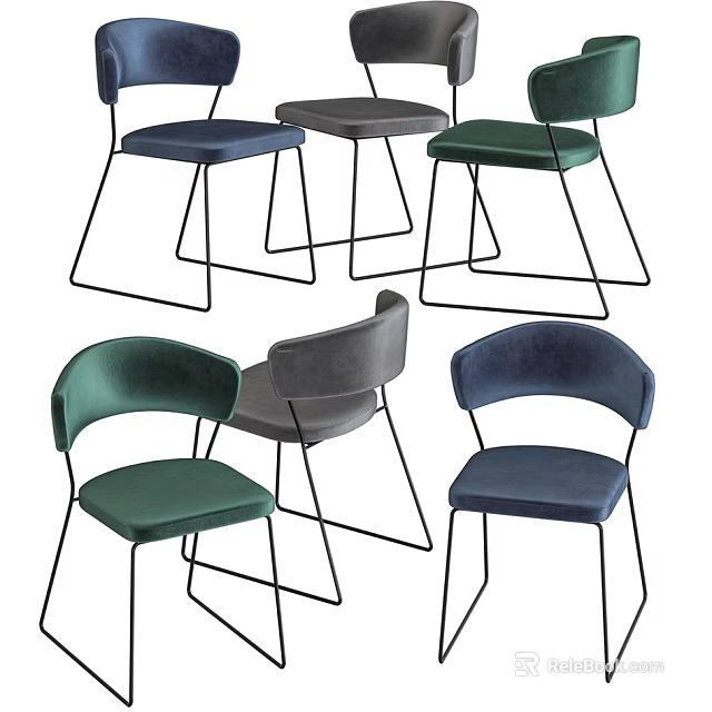 Modern Dining Chairs With Velvet Seats And Metal Frames In Green Gray Blue Tones 3d model 
