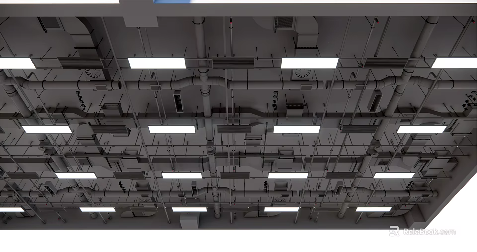 Industrial Ceiling Design With Exposed Pipes And Recessed Lights Layout 3d model 