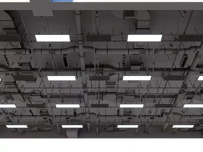 Industrial Ceiling Design With Exposed Pipes And Recessed Lights Layout 3d model