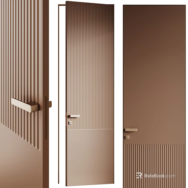 Modern Brown Hinged Door Design With Vertical Stripes And Metal Handle 3d model 