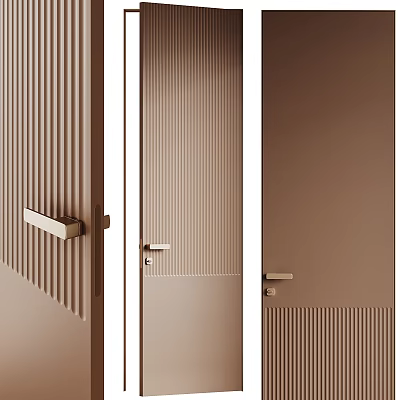Modern Brown Hinged Door Design With Vertical Stripes And Metal Handle 3d model