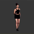 A Woman In Black Athletic Outfit Running On Gray Background With Sneakers