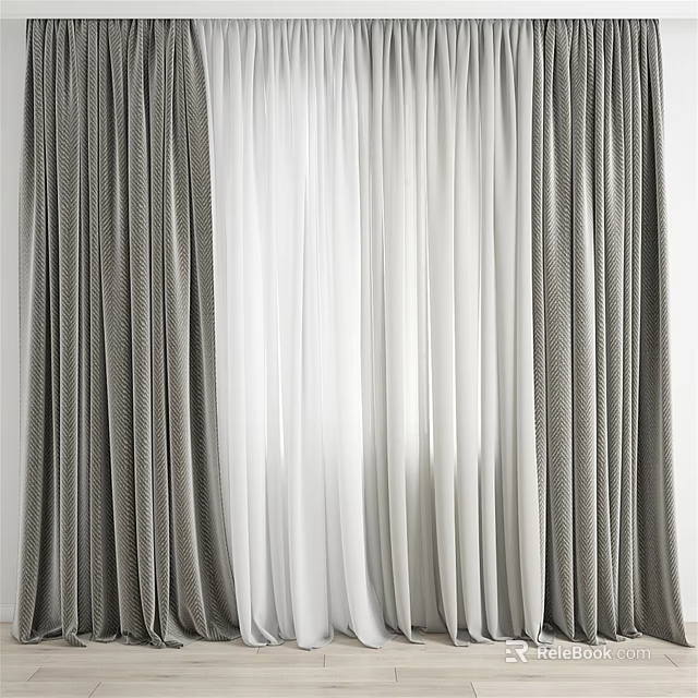 Gray and White Double Layer Curtains With Flowy Fabric For Modern Minimalist Interior Home Decor 3d model 