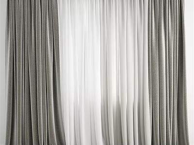 Gray and White Double Layer Curtains With Flowy Fabric For Modern Minimalist Interior Home Decor 3d model