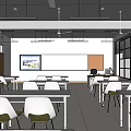 School Classroom Interior With Desks Chairs Whiteboard Projector Screen Teacher's Desk And Ceiling Fans