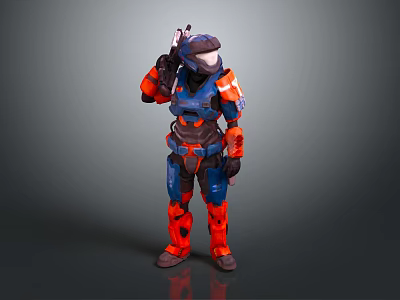 Futuristic Sci Fi Character Wearing Blue And Orange Armored Suit With Helmet 3d model