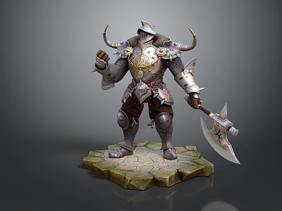Fantasy Warrior Character Design with Horned Helmet Ornate Armor and Giant Axe on Stone Base 3d model