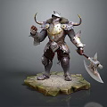 Fantasy Warrior Character Design with Horned Helmet Ornate Armor and Giant Axe on Stone Base