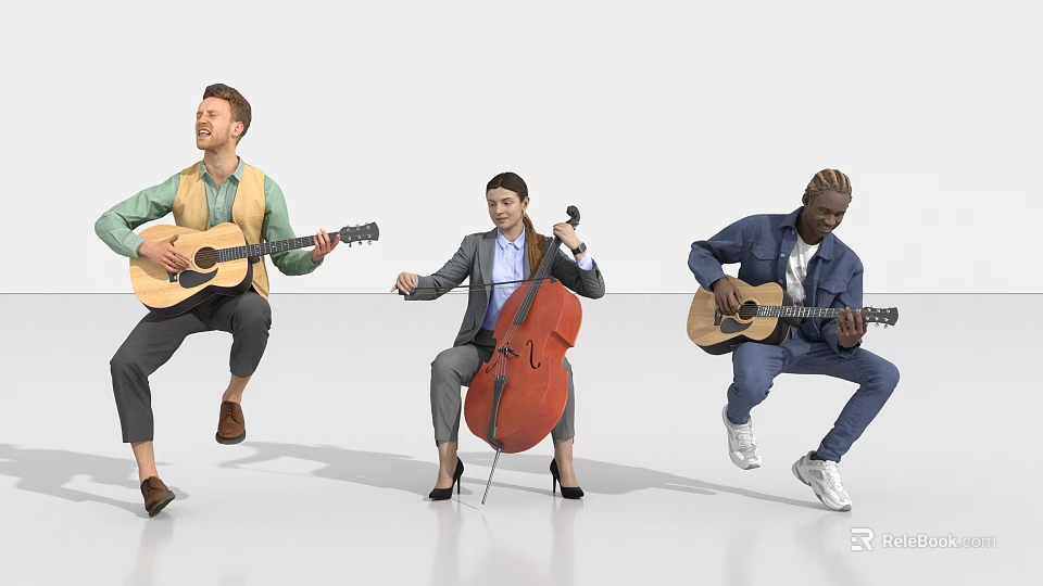 Group of Musicians Playing Guitars and Cello in Harmonious Musical Performance Together 3d model 