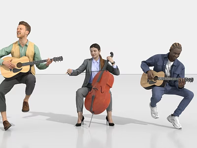 Group of Musicians Playing Guitars and Cello in Harmonious Musical Performance Together 3d model
