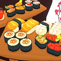 Fresh Salmon Sushi Platter With Various Types On Wooden Trays And Ingredients