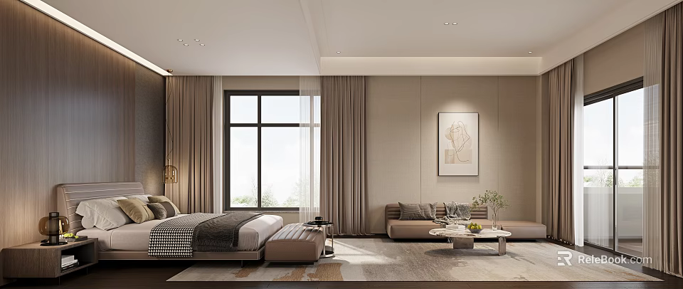 Modern Bedroom Interior With Large Bed Curtains Window Sofa And Coffee Table 3d model