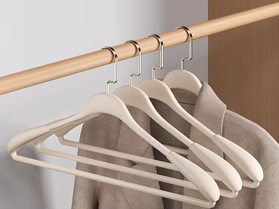 White Plastic Hangers On Wooden Rod For Hanging Clothes In Closet 3d model