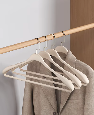 White Plastic Hangers On Wooden Rod For Hanging Clothes In Closet 3d model