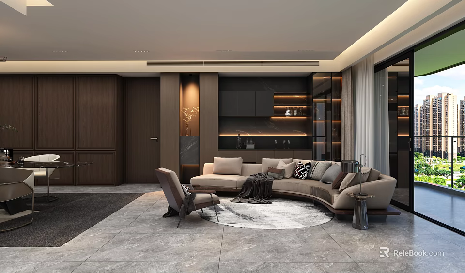 Modern Living Dining Room Interior With Curved Sofa Wooden Cabinets And Ambient Lighting 3d model 
