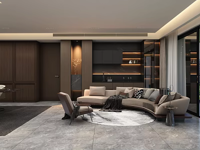 Modern Living Dining Room Interior With Curved Sofa Wooden Cabinets And Ambient Lighting 3d model