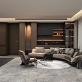 Modern Living Dining Room Interior With Curved Sofa Wooden Cabinets And Ambient Lighting