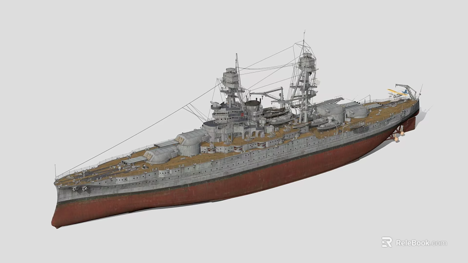 Detailed Battleship 3D Model Featuring Upper Structure Masts Turrets And Gray Hull 3d model