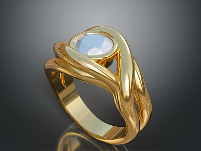 Elegant Gold Ring With Twisted Design And Central White Gemstone Band 3d model