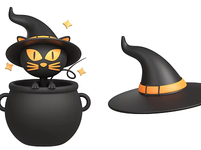 Game Movie Character Black Cat Wearing Witch Hat in Cauldron with Stars and Orange Trim 3d model