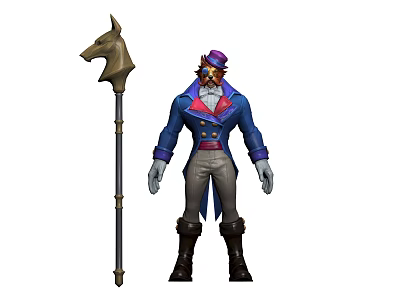 Anthropomorphic Animal Character In Blue Coat Purple Hat Standing With Horse Head Staff 3d model