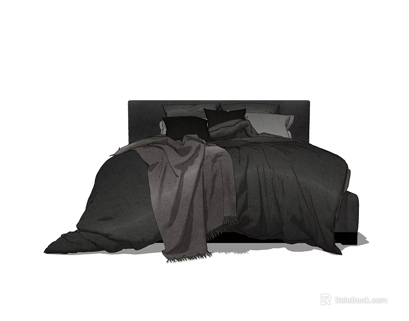 Modern Double Bed With Dark Headboard Dark Bedding Gray Blanket And Pillows 3d model