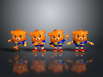 Cute Orange Cartoon Bear Characters In Blue Shirts With Four Different Poses 3d model