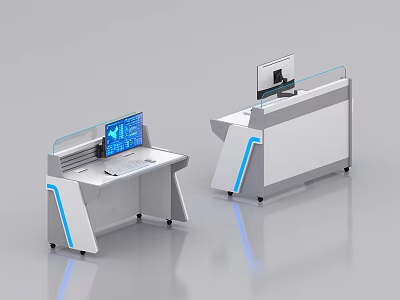 Modern Tech Inspired White Office Desk With Blue Accents And Display Monitor 3d model